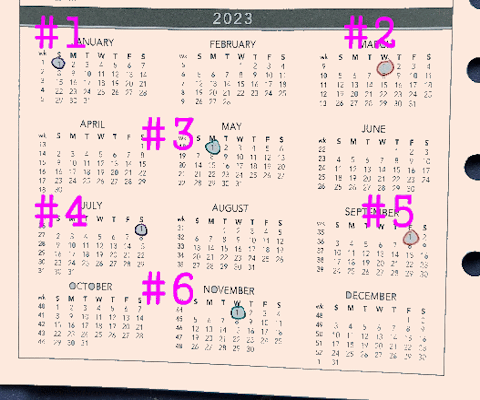 2023 calendar with 6 dates circled